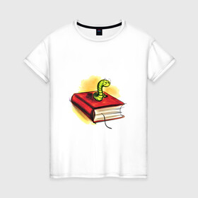 Женская футболка хлопок с принтом Книжный червь , 100% хлопок | прямой крой, круглый вырез горловины, длина до линии бедер, слегка спущенное плечо | бумага | книга | книжный червь | обложка | червь | червяк