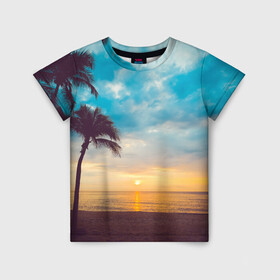 Детская футболка 3D с принтом Пейзаж , 100% гипоаллергенный полиэфир | прямой крой, круглый вырез горловины, длина до линии бедер, чуть спущенное плечо, ткань немного тянется | америка | закат | летний | лето | майами | море | пальмы | пейзаж | пляж | рассвет