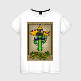 Женская футболка хлопок с принтом El Cactus - Кактус Мексиканец , 100% хлопок | прямой крой, круглый вырез горловины, длина до линии бедер, слегка спущенное плечо | cactus | green | humour | mexico | mustache | sand | vegan | vegetable | vegetarian | арт | жара | кактус | комикс | лето | мексика | персонаж | пустыня | сомбреро | усы