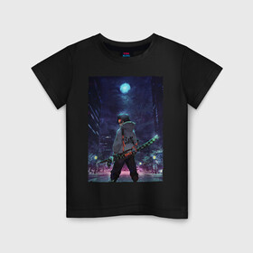 Детская футболка хлопок с принтом Танджиро в ночном городе , 100% хлопок | круглый вырез горловины, полуприлегающий силуэт, длина до линии бедер | anime | demon slayer | kimetsu no yaiba | аниме | клинок | клинок рассекающий демонов | манга | рассекающий демонов