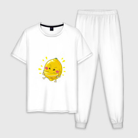 Мужская пижама хлопок с принтом Лимон каннибал  , 100% хлопок | брюки и футболка прямого кроя, без карманов, на брюках мягкая резинка на поясе и по низу штанин
 | долька | кислый | лимон | лицо | фрукт | фрукты