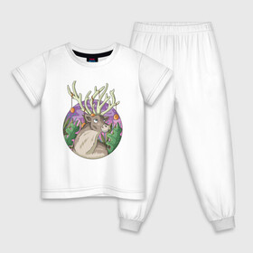 Детская пижама хлопок с принтом Рудольф , 100% хлопок |  брюки и футболка прямого кроя, без карманов, на брюках мягкая резинка на поясе и по низу штанин
 | дикое животное | животные | иллюстрация | оленёнок | рудольф