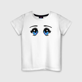 Детская футболка хлопок с принтом Глазки аниме , 100% хлопок | круглый вырез горловины, полуприлегающий силуэт, длина до линии бедер | anime | baby | blue | cartoon | cute | emoji | emotion | eyes | face | kawaii | аниме | большие глаза | брови | взгляд | глаза | глазки | голубые глаза | детям | зрачок | каваи | кавайный | лицо | малыш | милый взгляд | мультяшный | очи