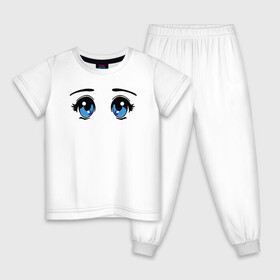 Детская пижама хлопок с принтом Глазки аниме , 100% хлопок |  брюки и футболка прямого кроя, без карманов, на брюках мягкая резинка на поясе и по низу штанин
 | anime | baby | blue | cartoon | cute | emoji | emotion | eyes | face | kawaii | аниме | большие глаза | брови | взгляд | глаза | глазки | голубые глаза | детям | зрачок | каваи | кавайный | лицо | малыш | милый взгляд | мультяшный | очи