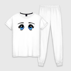 Женская пижама хлопок с принтом Глазки аниме , 100% хлопок | брюки и футболка прямого кроя, без карманов, на брюках мягкая резинка на поясе и по низу штанин | anime | baby | blue | cartoon | cute | emoji | emotion | eyes | face | kawaii | аниме | большие глаза | брови | взгляд | глаза | глазки | голубые глаза | детям | зрачок | каваи | кавайный | лицо | малыш | милый взгляд | мультяшный | очи