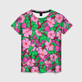 Женская футболка 3D с принтом Цветы Сакуры, Sakura , 100% полиэфир ( синтетическое хлопкоподобное полотно) | прямой крой, круглый вырез горловины, длина до линии бедер | cherry | flowers | japan | pink | sakura | summer | азия | бутоны | вишня | девушкам | деревья | лепестки | лето | листья | нарисованные цветы | природа | розовые цветы | сад | сакура | сакура вишня | сакура цветок