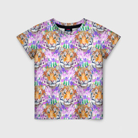 Детская футболка 3D с принтом Тигр в цветах , 100% гипоаллергенный полиэфир | прямой крой, круглый вырез горловины, длина до линии бедер, чуть спущенное плечо, ткань немного тянется | абстракция | крупная кошка | паттерн | текстуры | тигр | тигры | узоры