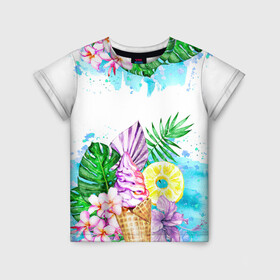 Детская футболка 3D с принтом Тропический рай с мороженым , 100% гипоаллергенный полиэфир | прямой крой, круглый вырез горловины, длина до линии бедер, чуть спущенное плечо, ткань немного тянется | акварель | ананас | жаркие страны | летный отдых | лето | листья | море | мороженое | отдых | растения | сладости | тропики | тропический рай | цветы | экзотика
