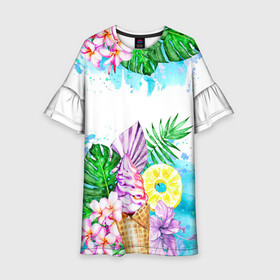 Детское платье 3D с принтом Тропический рай с мороженым , 100% полиэстер | прямой силуэт, чуть расширенный к низу. Круглая горловина, на рукавах — воланы | акварель | ананас | жаркие страны | летный отдых | лето | листья | море | мороженое | отдых | растения | сладости | тропики | тропический рай | цветы | экзотика