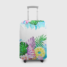 Чехол для чемодана 3D с принтом Тропический рай с мороженым , 86% полиэфир, 14% спандекс | двустороннее нанесение принта, прорези для ручек и колес | акварель | ананас | жаркие страны | летный отдых | лето | листья | море | мороженое | отдых | растения | сладости | тропики | тропический рай | цветы | экзотика