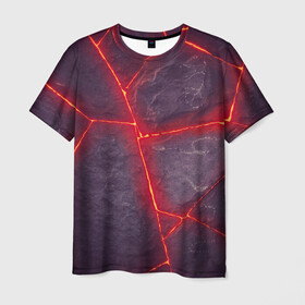 Мужская футболка 3D с принтом ЛАВА ПОД ПЛИТОЙ , 100% полиэфир | прямой крой, круглый вырез горловины, длина до линии бедер | лава | неон | плиты | текстура | трещина
