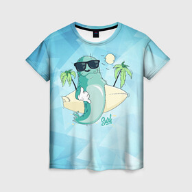 Женская футболка 3D с принтом Surf , 100% полиэфир ( синтетическое хлопкоподобное полотно) | прямой крой, круглый вырез горловины, длина до линии бедер | арт | графика | животные | лето | морской котик | пальмы | сёрфинг