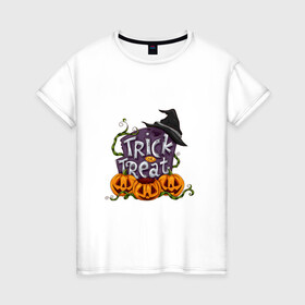 Женская футболка хлопок с принтом Trick or treat , 100% хлопок | прямой крой, круглый вырез горловины, длина до линии бедер, слегка спущенное плечо | Тематика изображения на принте: trick or treat | кошелек или жизнь | надгробие | плющ | растение | тыква | хэллоуин | шляпа