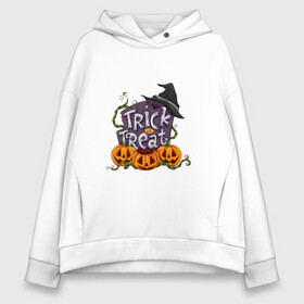 Женское худи Oversize хлопок с принтом Trick or treat , френч-терри — 70% хлопок, 30% полиэстер. Мягкий теплый начес внутри —100% хлопок | боковые карманы, эластичные манжеты и нижняя кромка, капюшон на магнитной кнопке | Тематика изображения на принте: trick or treat | кошелек или жизнь | надгробие | плющ | растение | тыква | хэллоуин | шляпа