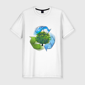 Мужская футболка хлопок Slim с принтом Взаимосвязь  , 92% хлопок, 8% лайкра | приталенный силуэт, круглый вырез ворота, длина до линии бедра, короткий рукав | взаимосвязь | вода | дерево | земля | небо | переработка