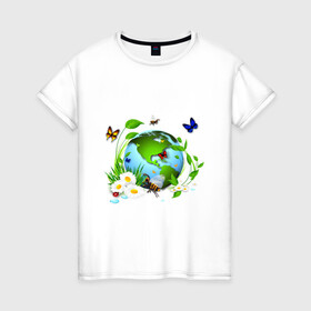 Женская футболка хлопок с принтом Чистая планета , 100% хлопок | прямой крой, круглый вырез горловины, длина до линии бедер, слегка спущенное плечо | бабочка | бабочки | зеленая планета | зелень | земля | листья | оса | планета | пчела | растения | ромашки | цветы | чистая планета | экология