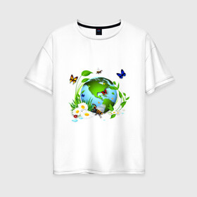 Женская футболка хлопок Oversize с принтом Чистая планета , 100% хлопок | свободный крой, круглый ворот, спущенный рукав, длина до линии бедер
 | бабочка | бабочки | зеленая планета | зелень | земля | листья | оса | планета | пчела | растения | ромашки | цветы | чистая планета | экология