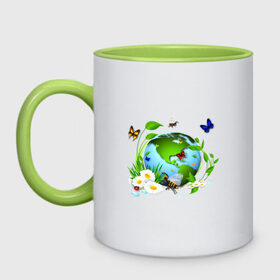 Кружка двухцветная с принтом Чистая планета , керамика | объем — 330 мл, диаметр — 80 мм. Цветная ручка и кайма сверху, в некоторых цветах — вся внутренняя часть | бабочка | бабочки | зеленая планета | зелень | земля | листья | оса | планета | пчела | растения | ромашки | цветы | чистая планета | экология