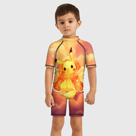 Детский купальный костюм 3D с принтом Пикачу на облачках , Полиэстер 85%, Спандекс 15% | застежка на молнии на спине | anime | picachu | pikachu | аниме | милый | пика | пикачу | покебол | покемон