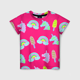 Детская футболка 3D с принтом pop it радуга и единорог , 100% гипоаллергенный полиэфир | прямой крой, круглый вырез горловины, длина до линии бедер, чуть спущенное плечо, ткань немного тянется | Тематика изображения на принте: pop it | антистресс | детский | единорог | игрушка | лопать | мороженое | поп ит | пупырка | радуга | радужный | разноцветный | розовый | фуксия | шарики