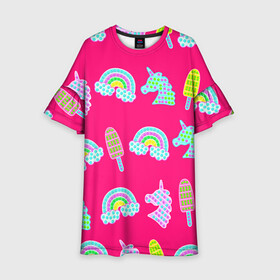 Детское платье 3D с принтом pop it радуга и единорог , 100% полиэстер | прямой силуэт, чуть расширенный к низу. Круглая горловина, на рукавах — воланы | pop it | антистресс | детский | единорог | игрушка | лопать | мороженое | поп ит | пупырка | радуга | радужный | разноцветный | розовый | фуксия | шарики