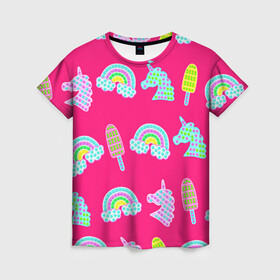 Женская футболка 3D с принтом pop it радуга и единорог , 100% полиэфир ( синтетическое хлопкоподобное полотно) | прямой крой, круглый вырез горловины, длина до линии бедер | pop it | антистресс | детский | единорог | игрушка | лопать | мороженое | поп ит | пупырка | радуга | радужный | разноцветный | розовый | фуксия | шарики