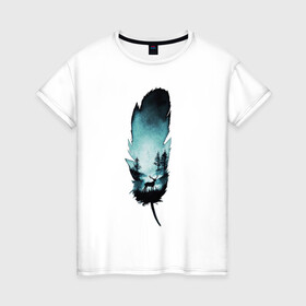 Женская футболка хлопок с принтом Перо отражает , 100% хлопок | прямой крой, круглый вырез горловины, длина до линии бедер, слегка спущенное плечо | лес | ночь. | олень | перо