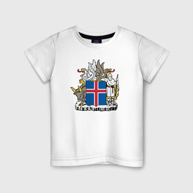 Детская футболка хлопок с принтом Герб Исландии , 100% хлопок | круглый вырез горловины, полуприлегающий силуэт, длина до линии бедер | бык | герб | грифон | дракон | исландии | исландия | коровы | красный | линии | орел | пастух | синий | флаг