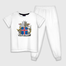 Детская пижама хлопок с принтом Герб Исландии , 100% хлопок |  брюки и футболка прямого кроя, без карманов, на брюках мягкая резинка на поясе и по низу штанин
 | бык | герб | грифон | дракон | исландии | исландия | коровы | красный | линии | орел | пастух | синий | флаг