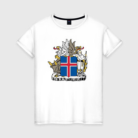 Женская футболка хлопок с принтом Герб Исландии , 100% хлопок | прямой крой, круглый вырез горловины, длина до линии бедер, слегка спущенное плечо | бык | герб | грифон | дракон | исландии | исландия | коровы | красный | линии | орел | пастух | синий | флаг