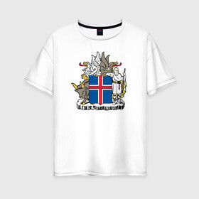 Женская футболка хлопок Oversize с принтом Герб Исландии , 100% хлопок | свободный крой, круглый ворот, спущенный рукав, длина до линии бедер
 | бык | герб | грифон | дракон | исландии | исландия | коровы | красный | линии | орел | пастух | синий | флаг
