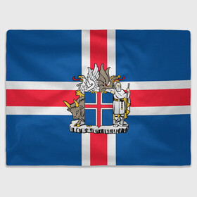 Плед 3D с принтом Флаг и Герб Исландии , 100% полиэстер | закругленные углы, все края обработаны. Ткань не мнется и не растягивается | бык | герб | грифон | дракон | исландии | исландия | коровы | красный | линии | орел | пастух | синий | флаг