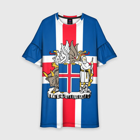Детское платье 3D с принтом Флаг и Герб Исландии , 100% полиэстер | прямой силуэт, чуть расширенный к низу. Круглая горловина, на рукавах — воланы | бык | герб | грифон | дракон | исландии | исландия | коровы | красный | линии | орел | пастух | синий | флаг