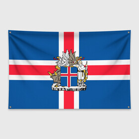 Флаг-баннер с принтом Флаг и Герб Исландии , 100% полиэстер | размер 67 х 109 см, плотность ткани — 95 г/м2; по краям флага есть четыре люверса для крепления | бык | герб | грифон | дракон | исландии | исландия | коровы | красный | линии | орел | пастух | синий | флаг