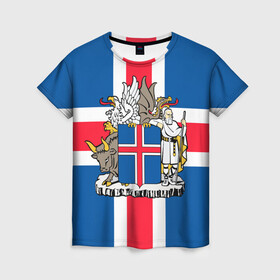 Женская футболка 3D с принтом Флаг и Герб Исландии , 100% полиэфир ( синтетическое хлопкоподобное полотно) | прямой крой, круглый вырез горловины, длина до линии бедер | бык | герб | грифон | дракон | исландии | исландия | коровы | красный | линии | орел | пастух | синий | флаг