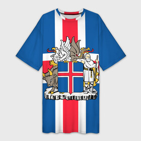 Платье-футболка 3D с принтом Флаг и Герб Исландии ,  |  | бык | герб | грифон | дракон | исландии | исландия | коровы | красный | линии | орел | пастух | синий | флаг
