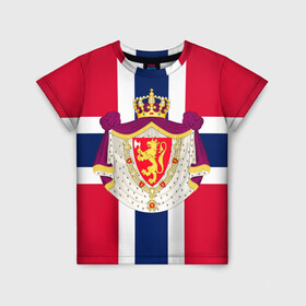 Детская футболка 3D с принтом Норвегия | Флаг и герб Норвегии , 100% гипоаллергенный полиэфир | прямой крой, круглый вырез горловины, длина до линии бедер, чуть спущенное плечо, ткань немного тянется | Тематика изображения на принте: герб | герб норвегии | корона | красный | лев | линии | норвегии | норвегия | синий | топор | флаг | флаг норвегии | щит