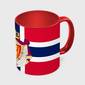 Кружка с полной запечаткой с принтом Норвегия | Флаг и герб Норвегии , керамика | ёмкость 330 мл | герб | герб норвегии | корона | красный | лев | линии | норвегии | норвегия | синий | топор | флаг | флаг норвегии | щит