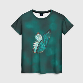 Женская футболка 3D с принтом Синяя бабочка , 100% полиэфир ( синтетическое хлопкоподобное полотно) | прямой крой, круглый вырез горловины, длина до линии бедер | butterfly | бабочка | летит | магия | порхает | синяя