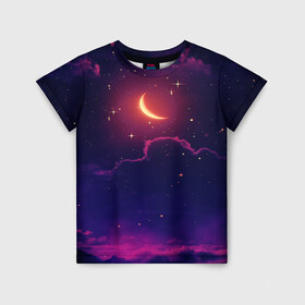 Детская футболка 3D с принтом СКАЗОЧНАЯ НОЧЬ , 100% гипоаллергенный полиэфир | прямой крой, круглый вырез горловины, длина до линии бедер, чуть спущенное плечо, ткань немного тянется | звёзды | космос | луна | мир | ночь | облака