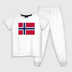 Детская пижама хлопок с принтом Норвегия | Флаг Норвегии , 100% хлопок |  брюки и футболка прямого кроя, без карманов, на брюках мягкая резинка на поясе и по низу штанин
 | красный | линии | норвегии | норвегия | синий | флаг | флаг норвегии