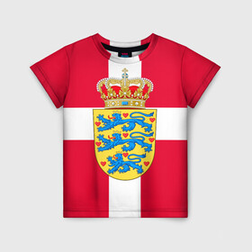Детская футболка 3D с принтом Дания | Герб и флаг Дании , 100% гипоаллергенный полиэфир | прямой крой, круглый вырез горловины, длина до линии бедер, чуть спущенное плечо, ткань немного тянется | герб | дании | дания | корона | лев | львы | сердца | сердце | флаг | щит