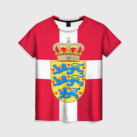 Женская футболка 3D с принтом Дания | Герб и флаг Дании , 100% полиэфир ( синтетическое хлопкоподобное полотно) | прямой крой, круглый вырез горловины, длина до линии бедер | герб | дании | дания | корона | лев | львы | сердца | сердце | флаг | щит
