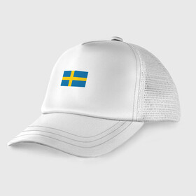 Детская кепка тракер с принтом Швеция | Флаг Швеции , Козырек - 100% хлопок. Кепка - 100% полиэстер, Задняя часть - сетка | универсальный размер, пластиковая застёжка | герб | желтый | знак | линии | прямоугольник | символика | синий | флаг | швеции | швеция
