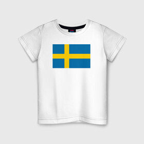 Детская футболка хлопок с принтом Швеция | Флаг Швеции , 100% хлопок | круглый вырез горловины, полуприлегающий силуэт, длина до линии бедер | Тематика изображения на принте: герб | желтый | знак | линии | прямоугольник | символика | синий | флаг | швеции | швеция