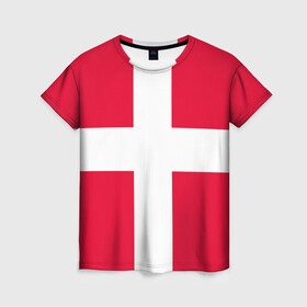 Женская футболка 3D с принтом Дания | Флаг Дании , 100% полиэфир ( синтетическое хлопкоподобное полотно) | прямой крой, круглый вырез горловины, длина до линии бедер | белый | герб | государство | дании | дания | знак | красный | крест | линии | символика | страна | флаг