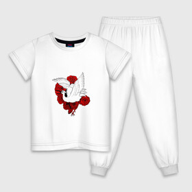 Детская пижама хлопок с принтом Аист на фоне красных роз , 100% хлопок |  брюки и футболка прямого кроя, без карманов, на брюках мягкая резинка на поясе и по низу штанин
 | аист | белый | красные | крылья | птица | птицы | розы | цветы