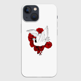 Чехол для iPhone 13 mini с принтом Аист на фоне красных роз ,  |  | аист | птица | птицы | розы | цветы