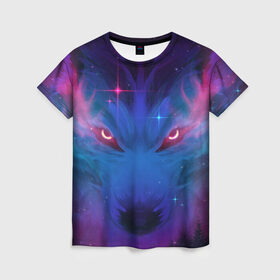 Женская футболка 3D с принтом Космо Волк , 100% полиэфир ( синтетическое хлопкоподобное полотно) | прямой крой, круглый вырез горловины, длина до линии бедер | волк | звезды | космический волк | космо волк | космос | неон | рисунок