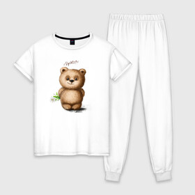 Женская пижама хлопок с принтом Медведь , 100% хлопок | брюки и футболка прямого кроя, без карманов, на брюках мягкая резинка на поясе и по низу штанин | зверь | игрушка цветок | медведик | медведь | медвежонок | милый | мишка | привет | ромашка